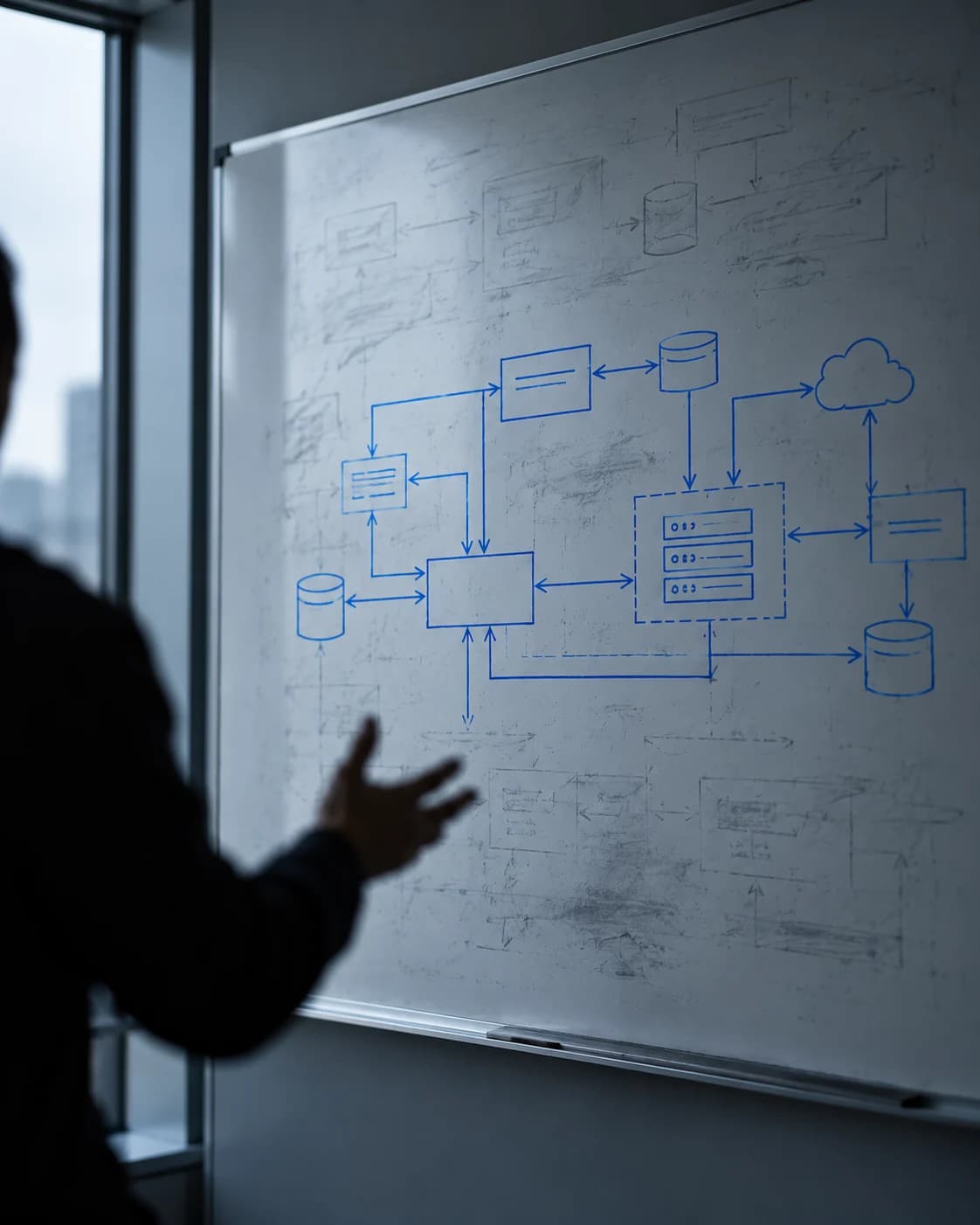 An engineer gesturing at a whiteboard, where a system diagram in blue marker is drawn over the part-erased remains of earlier versions.
