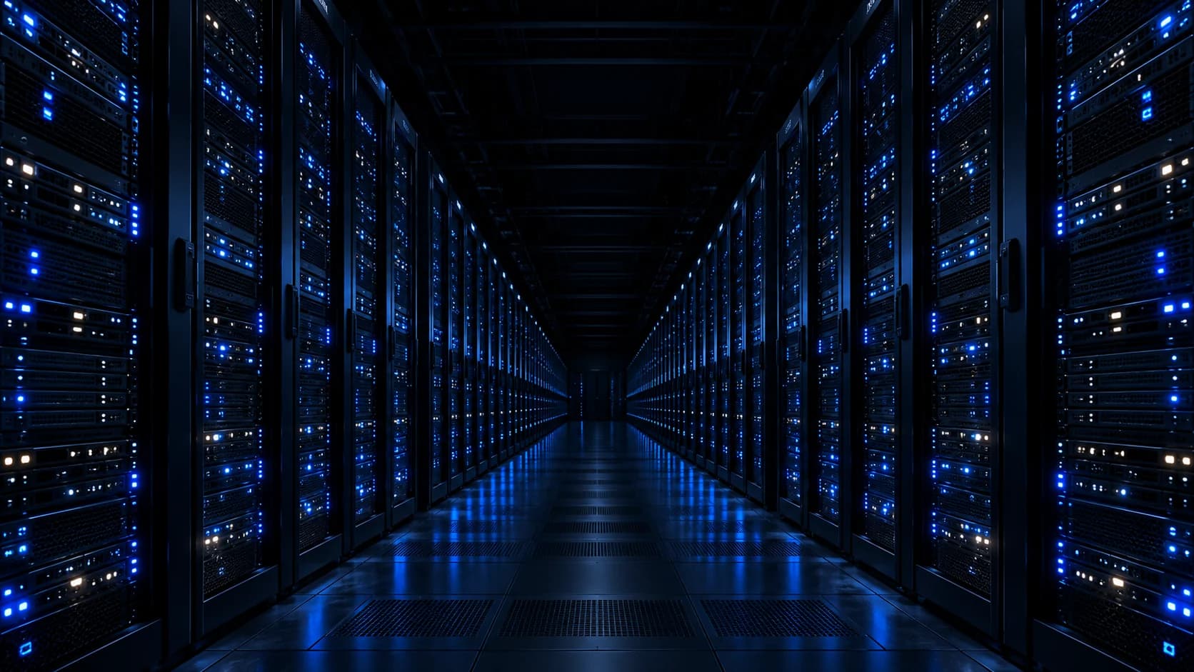 The cold aisle of a data hall, receding into darkness, lit only by the blue status indicators on two unbroken walls of equipment.